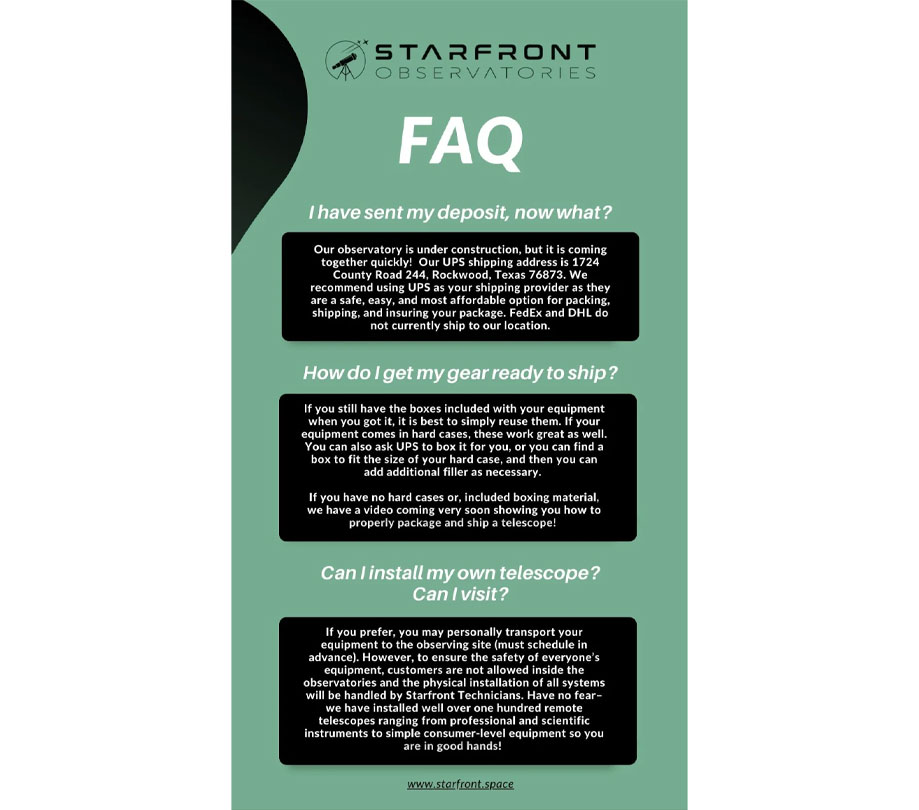 FAQs for the Starfront Observatory