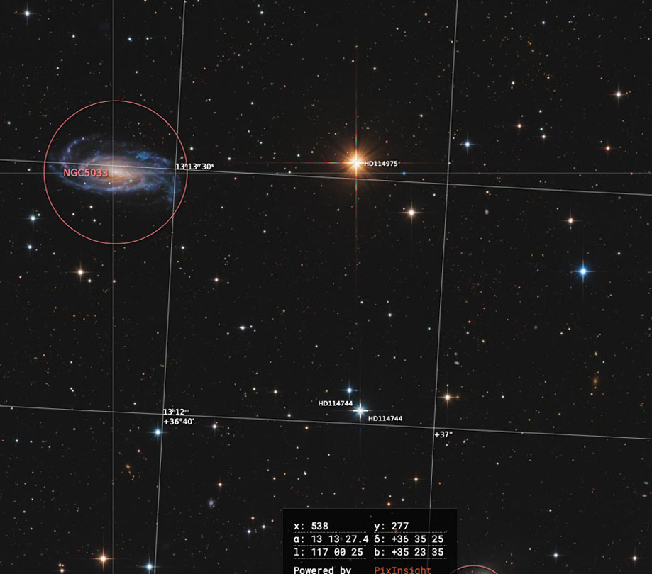 NGC5005 and 5033 RGB Plate solution overlay