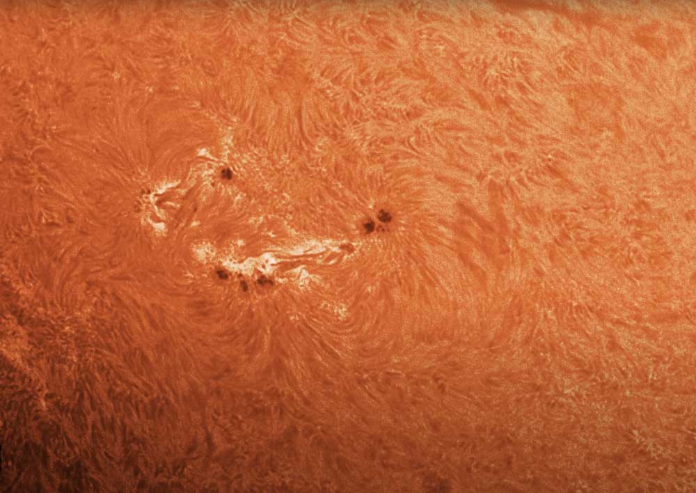 Solar sun spot photo taken with Quark Chromosphere H Alpha filter ScopeTrader