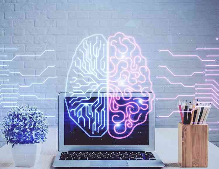 AI photo of desktop with computer and brain drawing hologram