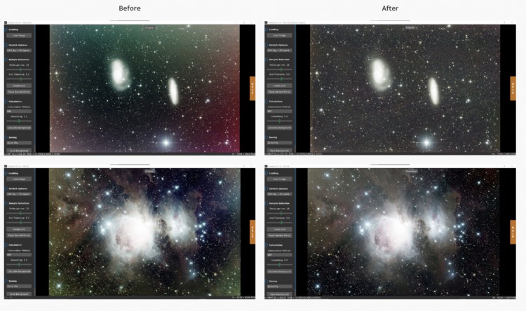 Before GraXpert and example of after using GraXpert to remove gradient