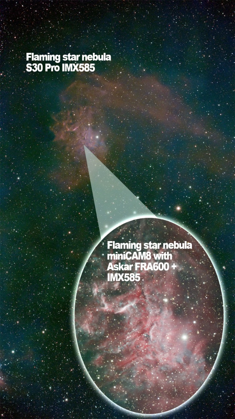 Flaming star nebula S30Pro IMX585 compared to miniCAM8 IMX585 ScopeTrader
