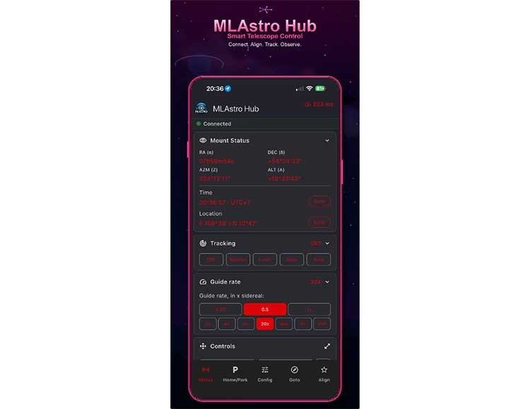Screenshot of the the MLAstro Hub App
