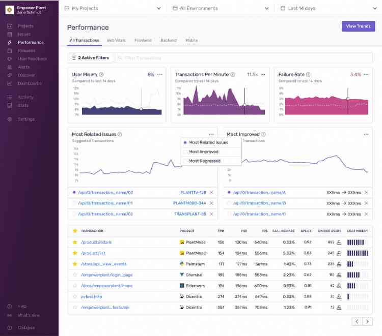 Sentry performance monitoring