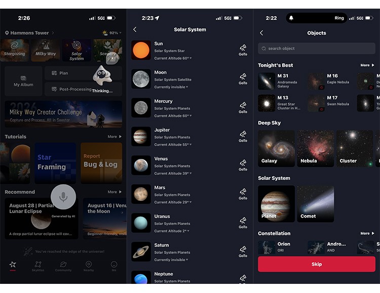 ai assistant solar system mode and stargazing mode views
