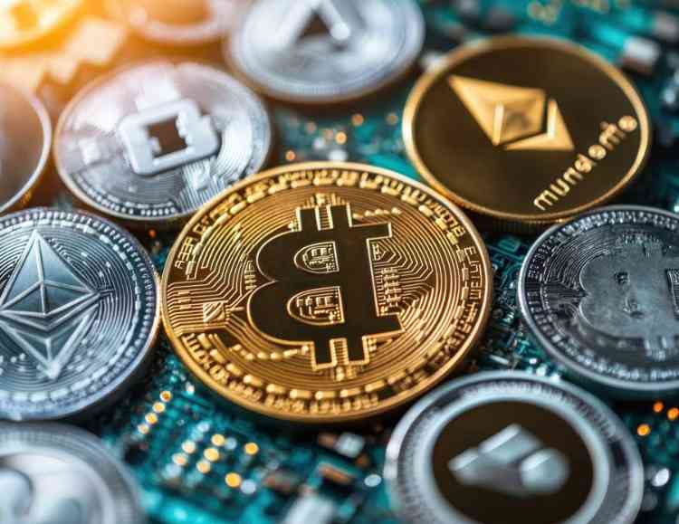 different cryptocurrency coins are arranged on a circuit board